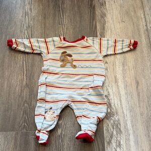 Pekkle Striped Red & Cream Baby One-Piece with Puppy Applique